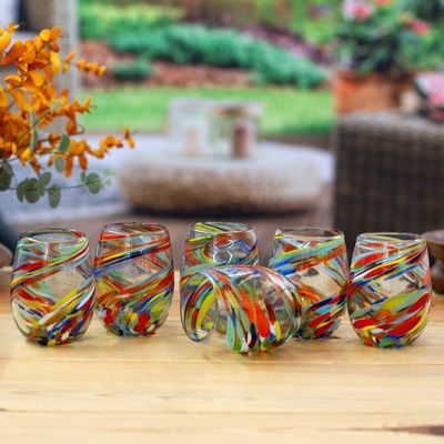 Alternate image for 6 Modern Handblown Recycled Glass Stemless Wine Glasses Whirling Rainbow