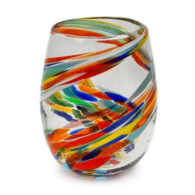 Alternate image for 6 Modern Handblown Recycled Glass Stemless Wine Glasses Whirling Rainbow