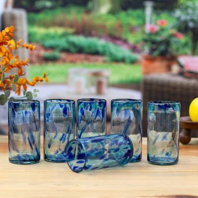 Alternate image for 6 Blue Abstract Handblown Recycled Glass Highball Glasses All About Blue