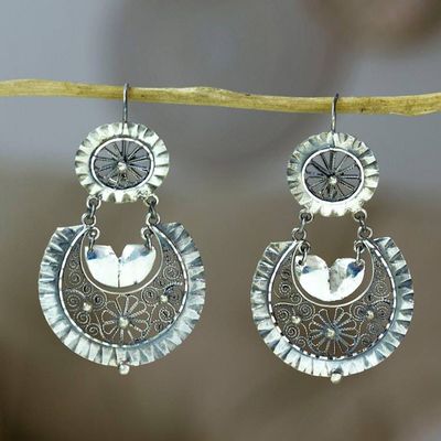 Alternate image for Floral Sterling Silver Filigree Dangle Earrings from Mexico Flower Scrolls