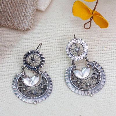Alternate image for Floral Sterling Silver Filigree Dangle Earrings from Mexico Flower Scrolls