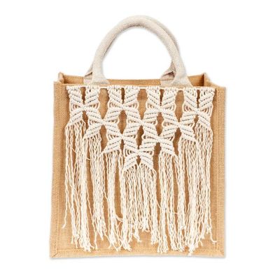 Alternate image for Jute Cotton Tote Bag with Butterfly Macrame Fringe Accents Butterfly Caress