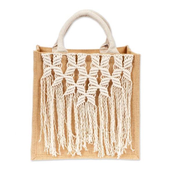 Alternate image for Jute Cotton Tote Bag with Butterfly Macrame Fringe Accents Butterfly Caress