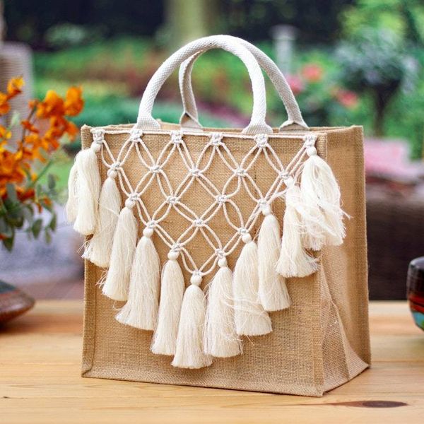 Alternate image for Jute Cotton Macrame Tote Bag with Trellis and Tassel Accents Trellis and Tassels