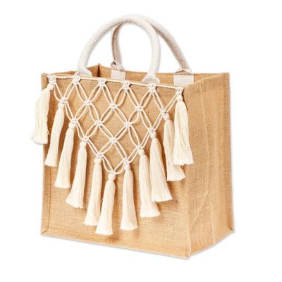 Alternate image for Jute Cotton Macrame Tote Bag with Trellis and Tassel Accents Trellis and Tassels