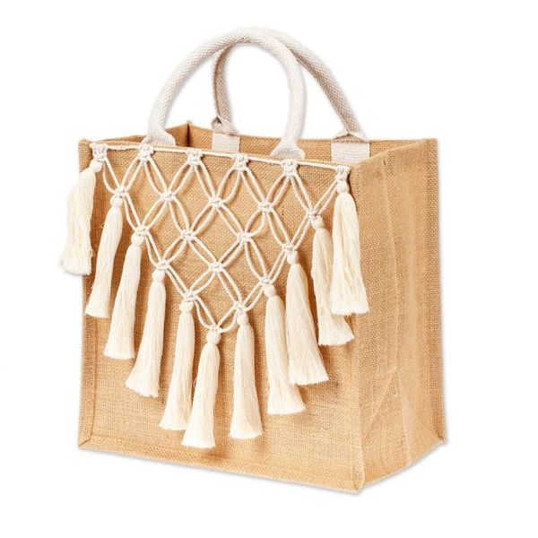 Alternate image for Jute Cotton Macrame Tote Bag with Trellis and Tassel Accents Trellis and Tassels