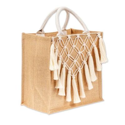 Alternate image for Jute Cotton Macrame Tote Bag with Trellis and Tassel Accents Trellis and Tassels