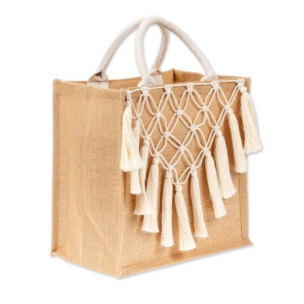 Alternate image for Jute Cotton Macrame Tote Bag with Trellis and Tassel Accents Trellis and Tassels