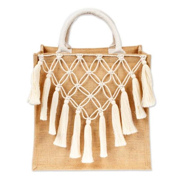 Alternate image for Jute Cotton Macrame Tote Bag with Trellis and Tassel Accents Trellis and Tassels