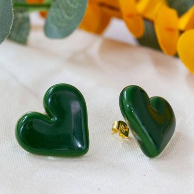 Alternate image for Green Heart Fused Glass Button Earrings with Gold Plating My Jade Green Love