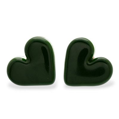 Alternate image for Green Heart Fused Glass Button Earrings with Gold Plating My Jade Green Love