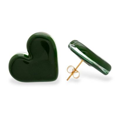 Alternate image for Green Heart Fused Glass Button Earrings with Gold Plating My Jade Green Love