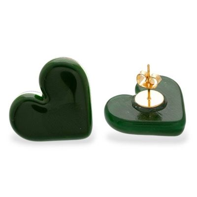 Alternate image for Green Heart Fused Glass Button Earrings with Gold Plating My Jade Green Love