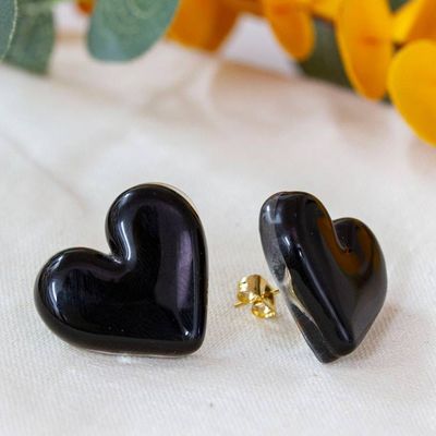 Alternate image for Black Heart-Themed Gold-Accented Fused Glass Button Earrings My Midnight Love