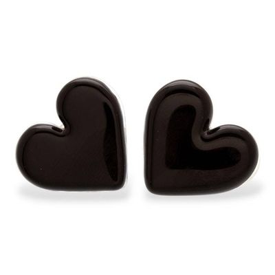 Alternate image for Black Heart-Themed Gold-Accented Fused Glass Button Earrings My Midnight Love