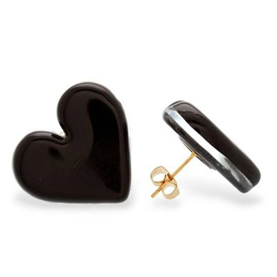 Alternate image for Black Heart-Themed Gold-Accented Fused Glass Button Earrings My Midnight Love