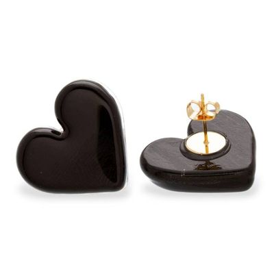 Alternate image for Black Heart-Themed Gold-Accented Fused Glass Button Earrings My Midnight Love