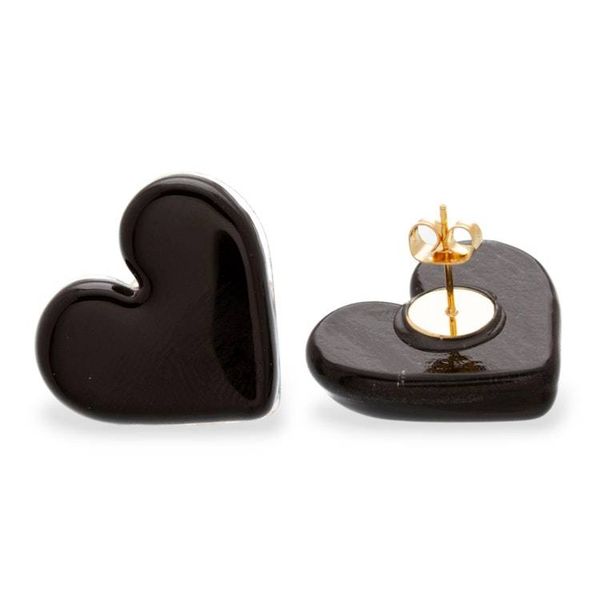Alternate image for Black Heart-Themed Gold-Accented Fused Glass Button Earrings My Midnight Love