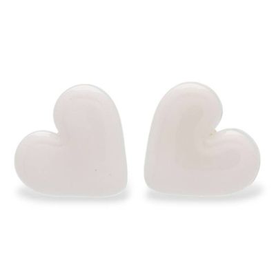Alternate image for White Heart-Themed Fused Glass Gold-Accented Button Earrings My Luminous Love