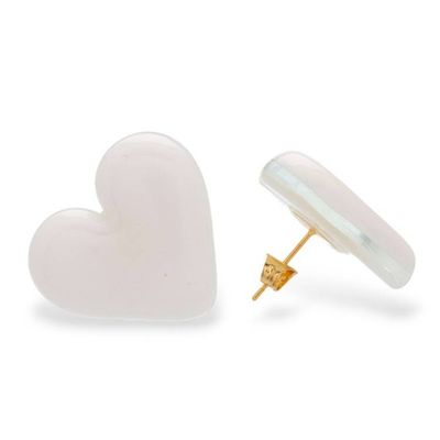 Alternate image for White Heart-Themed Fused Glass Gold-Accented Button Earrings My Luminous Love