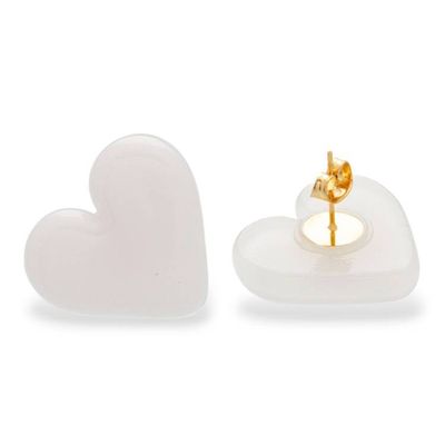 Alternate image for White Heart-Themed Fused Glass Gold-Accented Button Earrings My Luminous Love