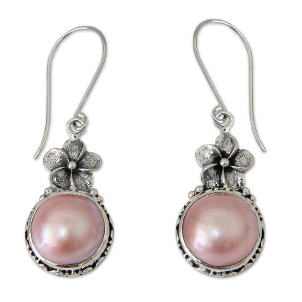 Alternate image for Sterling Silver and Pearl Floral Dangle Earrings Pink Frangipani