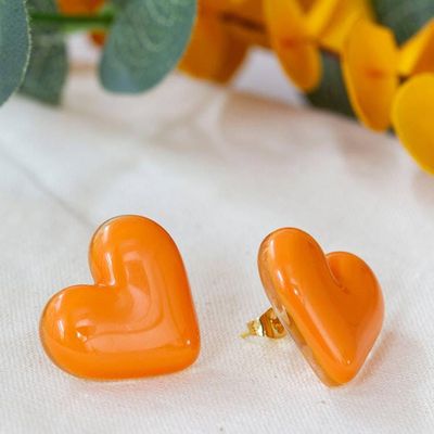 Alternate image for Fused Glass Gold-Accented Orange Heart Button Earrings My Tangerine Love
