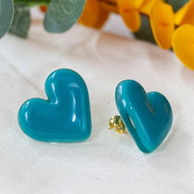 Alternate image for Teal Heart-Shaped Fused Glass Gold-Accented Button Earrings My Teal Love