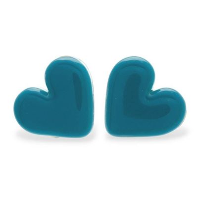 Alternate image for Teal Heart-Shaped Fused Glass Gold-Accented Button Earrings My Teal Love