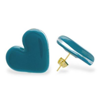 Alternate image for Teal Heart-Shaped Fused Glass Gold-Accented Button Earrings My Teal Love