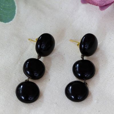 Alternate image for Fused Glass Dangle Earrings with Black Triple Round Drops Black Trio