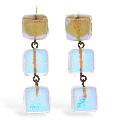 Alternate image for Iridescent Dichroic Glass Earrings with Triple Square Drops Shimmery Trio