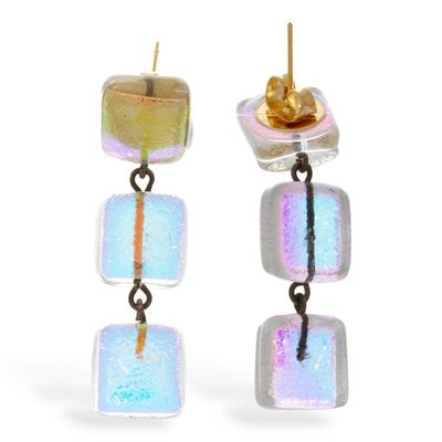 Alternate image for Iridescent Dichroic Glass Earrings with Triple Square Drops Shimmery Trio
