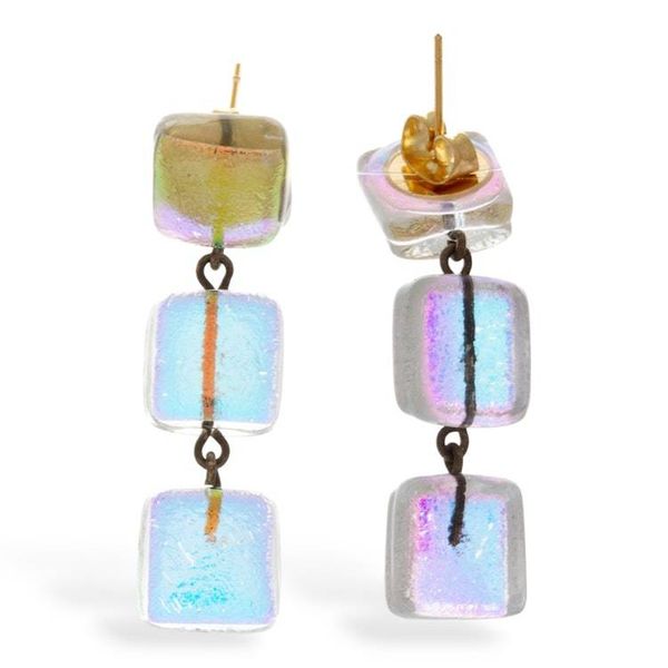 Alternate image for Iridescent Dichroic Glass Earrings with Triple Square Drops Shimmery Trio