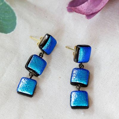 Alternate image for Square-Themed Gold-Accented Dichroic Glass Earrings in Blue Divine Trio