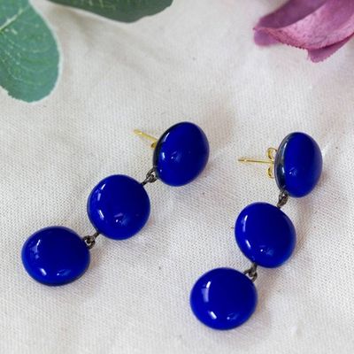 Alternate image for Blue Triple-Drop Gold-Accented Fused Glass Dangle Earrings Royal Blue Trio