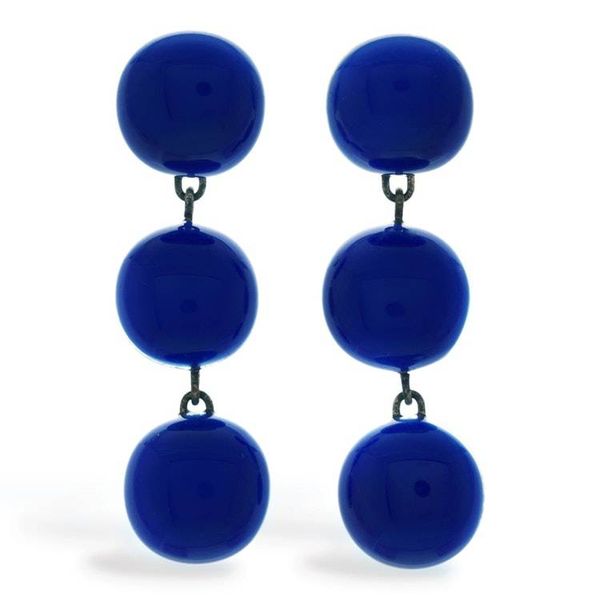 Alternate image for Blue Triple-Drop Gold-Accented Fused Glass Dangle Earrings Royal Blue Trio