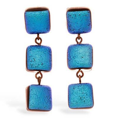 Alternate image for Square-Themed Gold-Accented Dichroic Glass Earrings in Blue Divine Trio