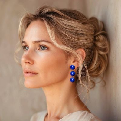 Alternate image for Blue Triple-Drop Gold-Accented Fused Glass Dangle Earrings Royal Blue Trio