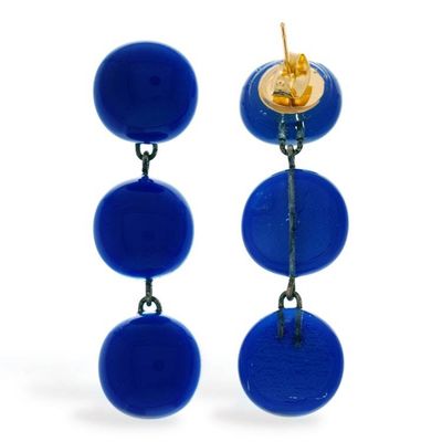 Alternate image for Blue Triple-Drop Gold-Accented Fused Glass Dangle Earrings Royal Blue Trio
