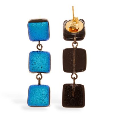 Alternate image for Square-Themed Gold-Accented Dichroic Glass Earrings in Blue Divine Trio