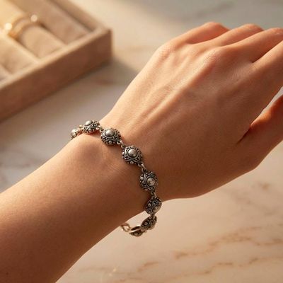 Alternate image for Folk Art Polished and Oxidized Link Bracelet Made in Bali Island Chakras