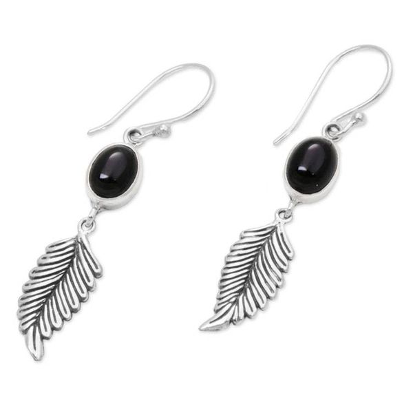 Alternate image for Balinese 925 Sterling Silver Feather Earrings with Onyx Passionate Hope