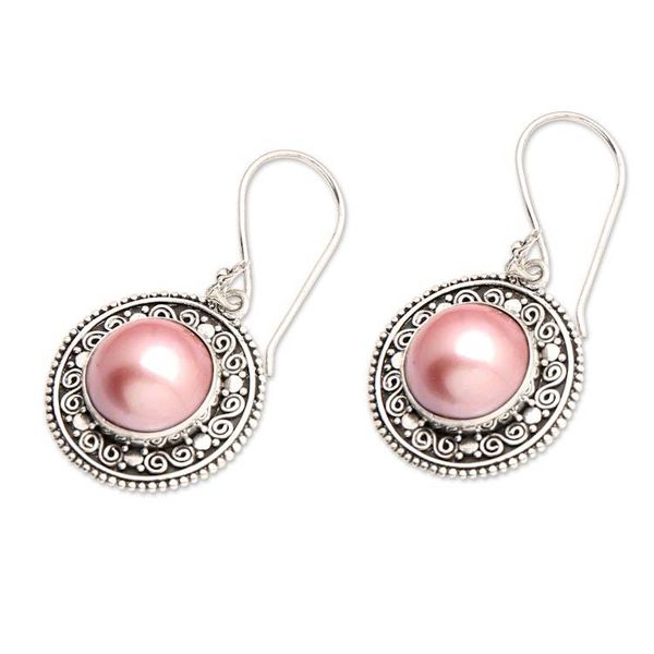 Alternate image for Pink Cultured Mabe Pearl Dangle Earrings from Indonesia Floral Orbs in Pink