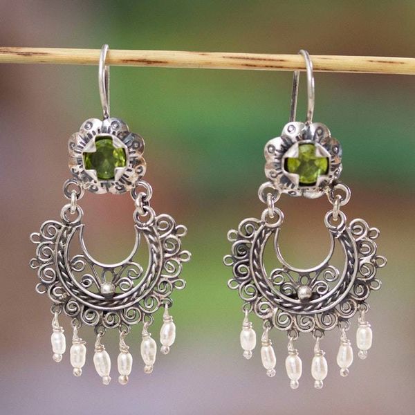 Alternate image for Authentic Mazahua Earrings with Peridot and Cultured Pearls Mazahua Lady