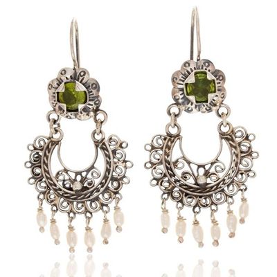 Alternate image for Authentic Mazahua Earrings with Peridot and Cultured Pearls Mazahua Lady