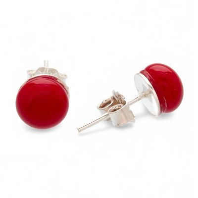Alternate image for Handmade Fused Glass Silver Round Stud Earrings in Red Hue Essential Red