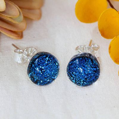 Alternate image for Handmade Sparkling Blue Dichroic Glass Silver Stud Earrings Essential Azure