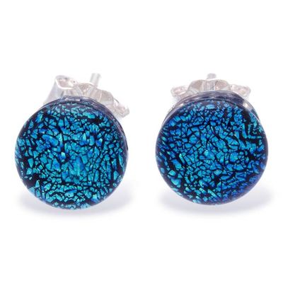 Alternate image for Handmade Sparkling Blue Dichroic Glass Silver Stud Earrings Essential Azure