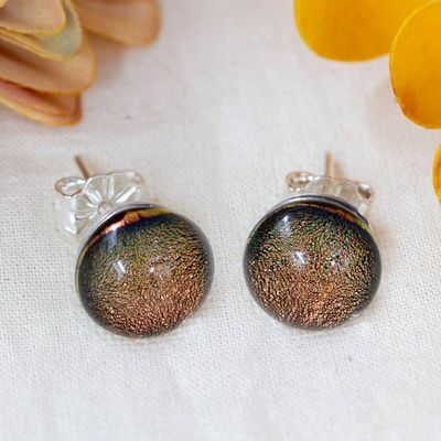 Alternate image for Copper-Toned Handmade Dichroic Glass Silver Stud Earrings Essential Copper